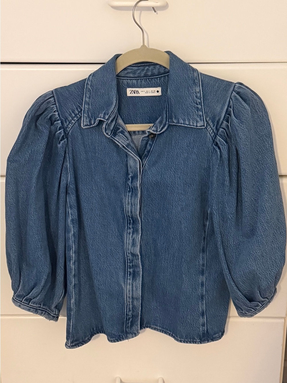 Zara Medium Blue Denim Puff-Sleeve Button-Up Blouse